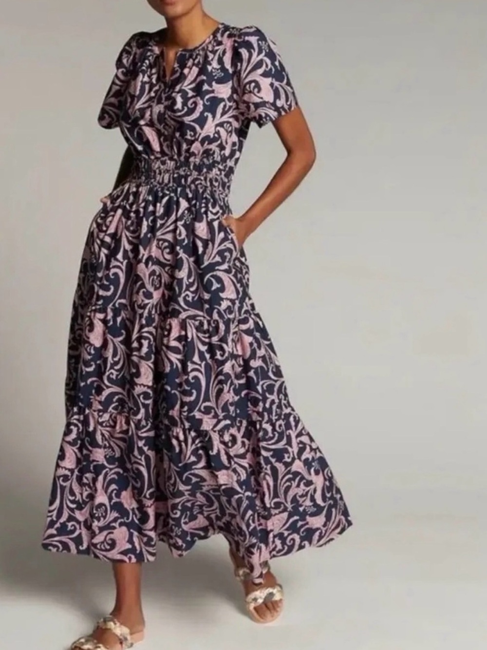 Anthropologie Somerset Maxi Dress, Navy with Pink Scroll Print, L